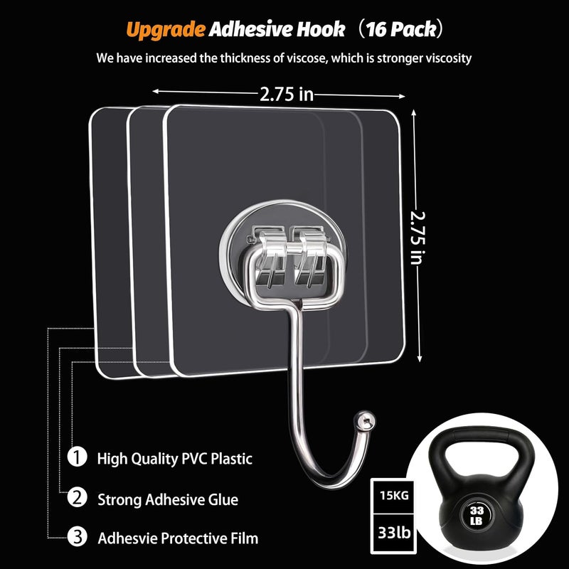 DKHDBD Large Adhesive Hooks, 16-Pack Hold 33lb(Max) Heavy Duty Sticky Hooks, Waterproof Transparent Hooks for Hanging, Self-Adhesive Traceless Clear Wall Hooks to Use for Keys Robe & Towel - Image 2